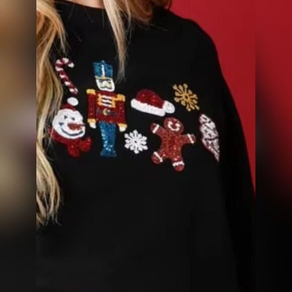 Christmas Sequin Black Cropped Sweatshirt Nutcracker Snowman Gingerbread Man sz - Picture 3 of 5